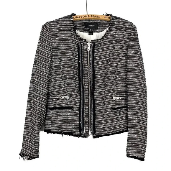 Mango Womens Small Tweed Boucle Textured Zipper Front Blazer Jacket - Picture 1 of 7
